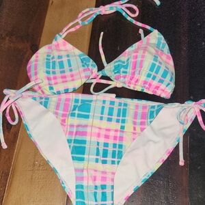 OP Juniors Plaid Bikini in Blue, Pink, and Yellow